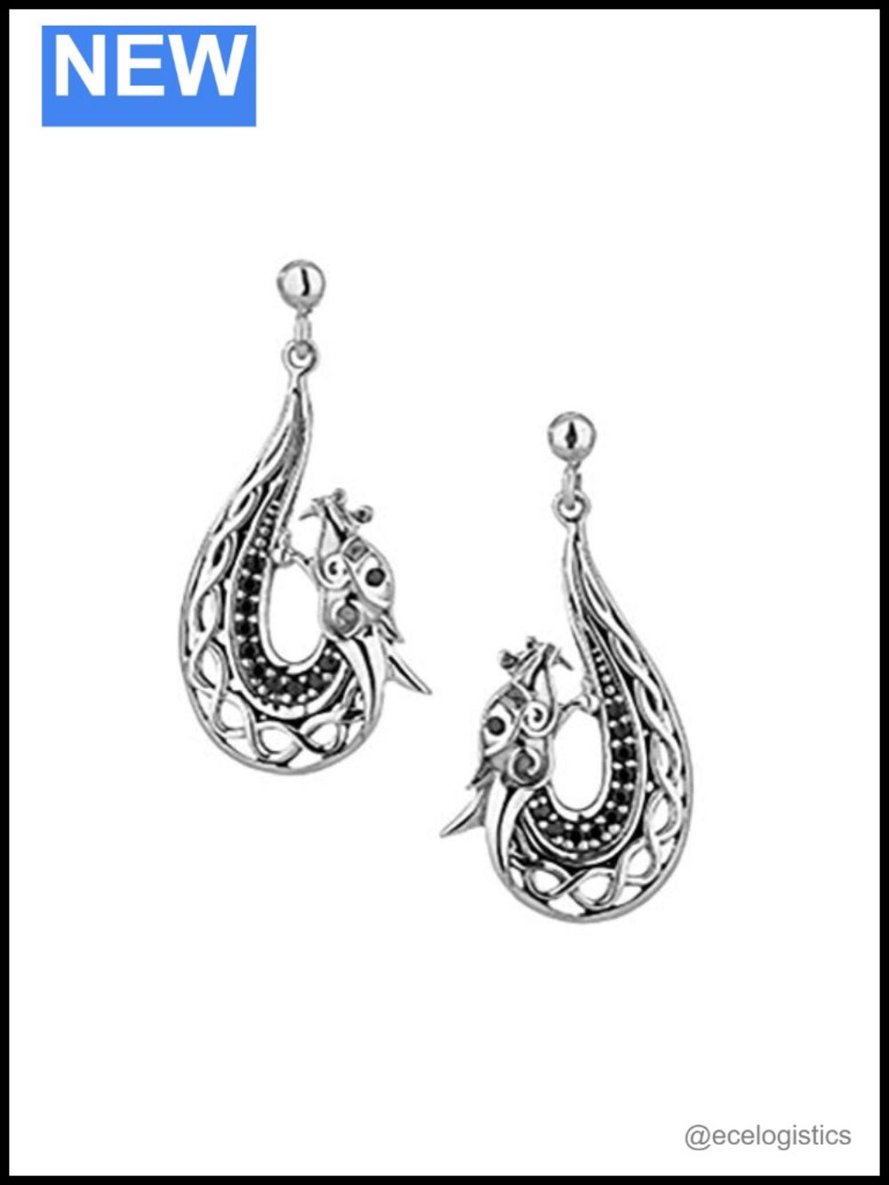 Dragon Earrings with Black Cubic Zirconia, 925 Sterling Silver